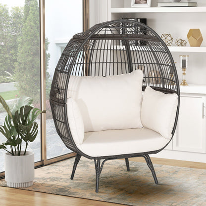 Oversized Indoor Wicker Egg Chair with Sturdy Metal Frame for Patio-Black