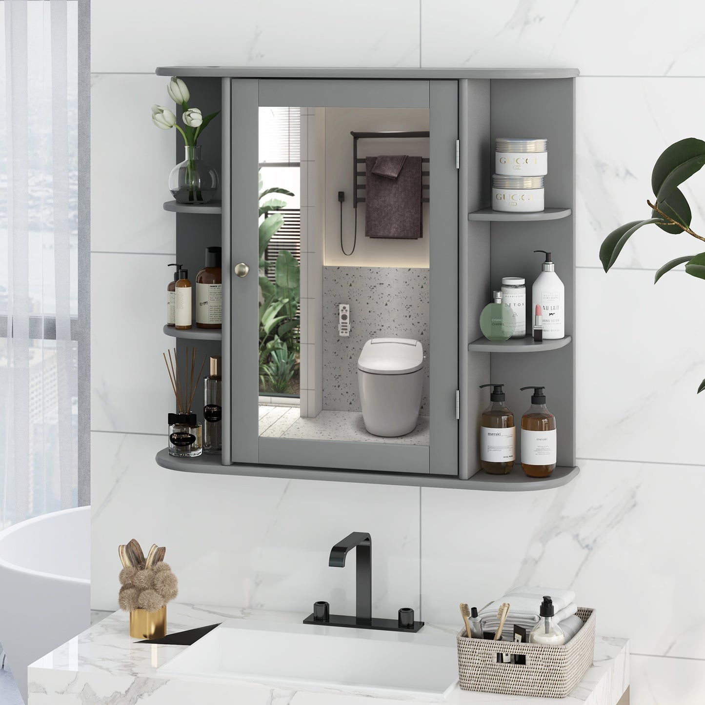 Multipurpose Mount Wall Surface Bathroom Storage Cabinet with Mirror-Gray