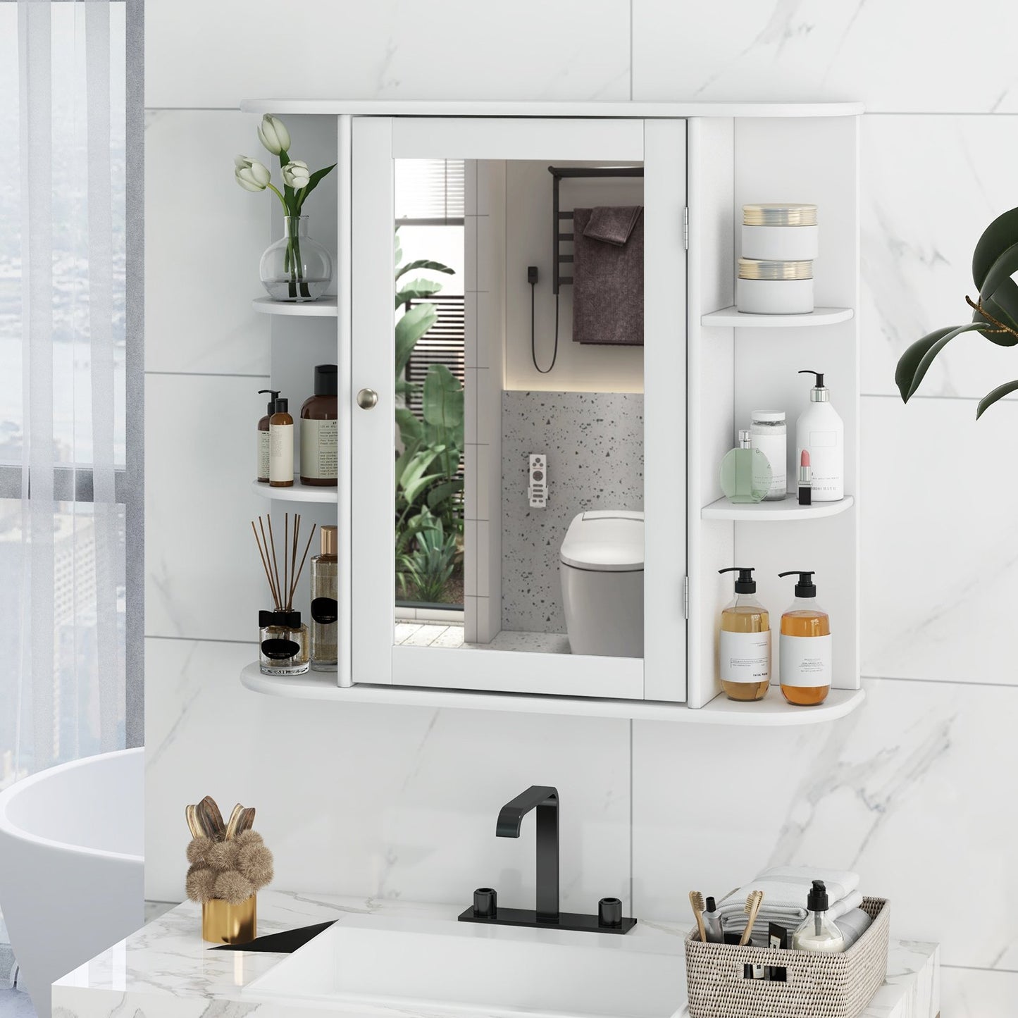 Wall-Mounted Bathroom Mirror Cabinet with Storage Shelves-Black