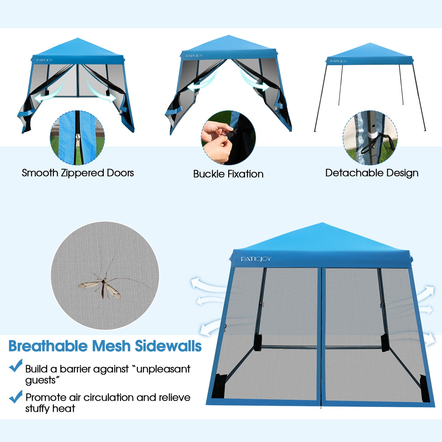 10 x 10 Feet Pop Up Canopy with with Mesh Sidewalls and Roller Bag-Blue