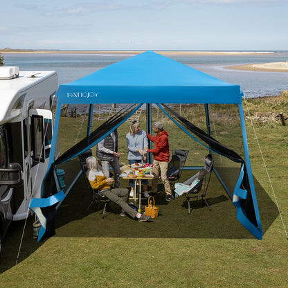 10 x 10 Feet Pop Up Canopy with with Mesh Sidewalls and Roller Bag-Blue