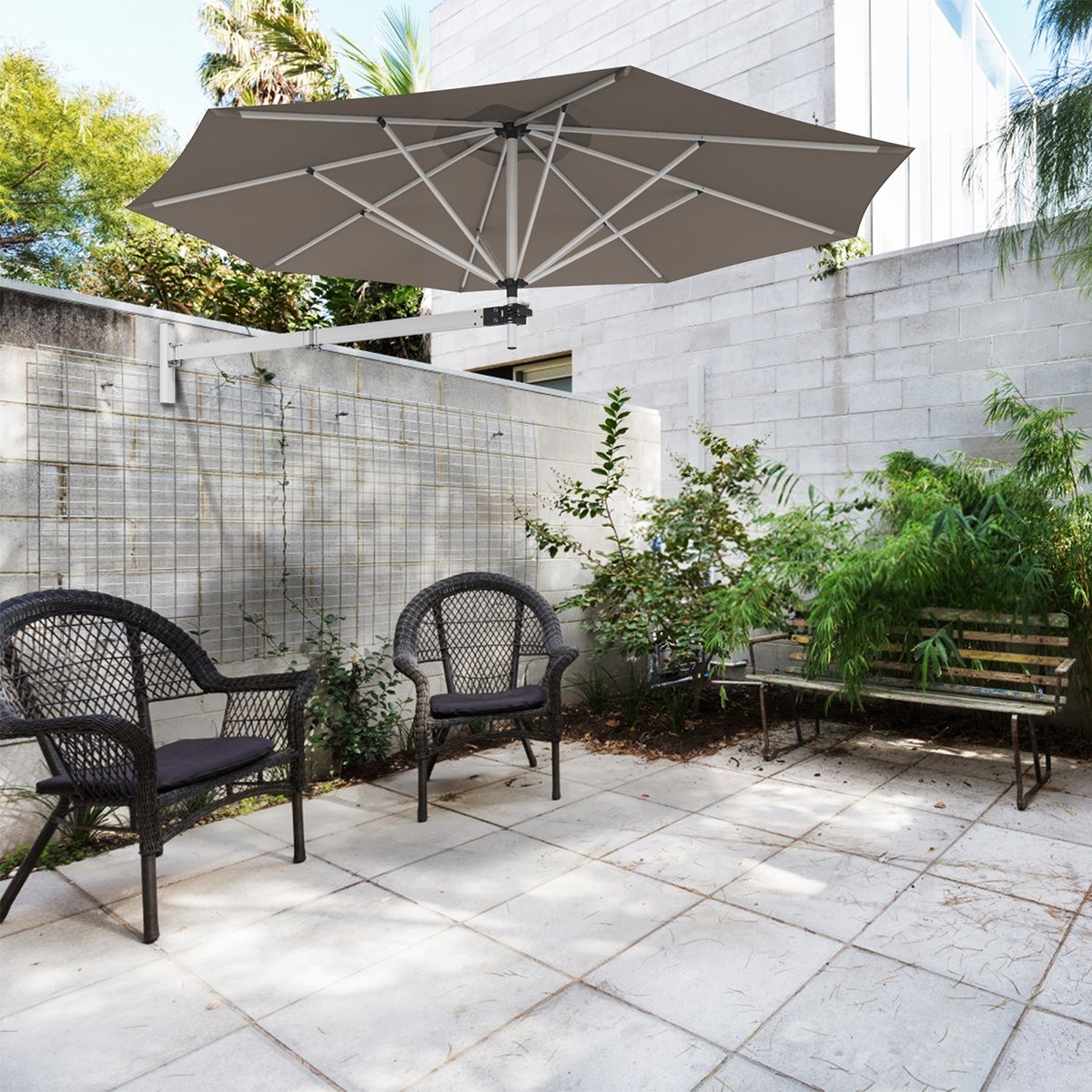 8ft Wall-Mounted Telescopic Folding Tilt Aluminum Sun Shade Umbrella-Beige