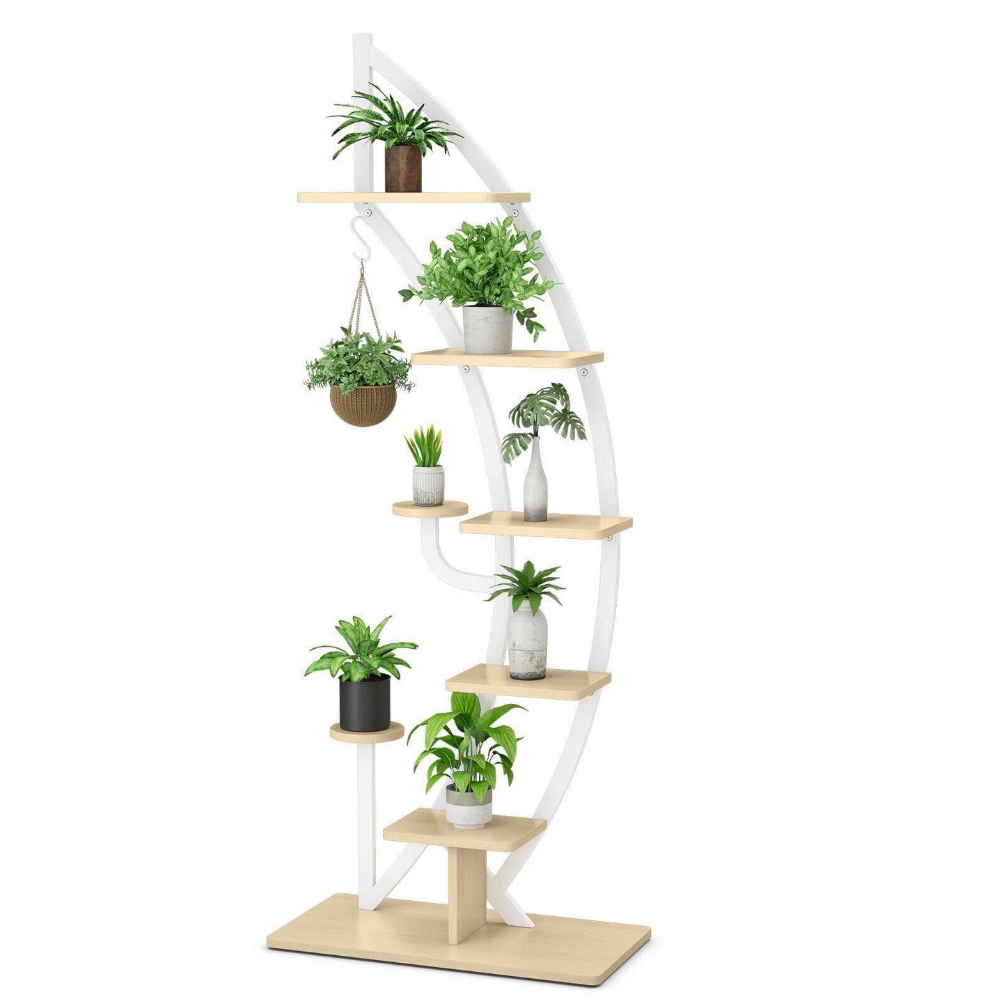 6 Tier 9 Potted Metal Plant Stand Holder Display Shelf with Hook-Natural
