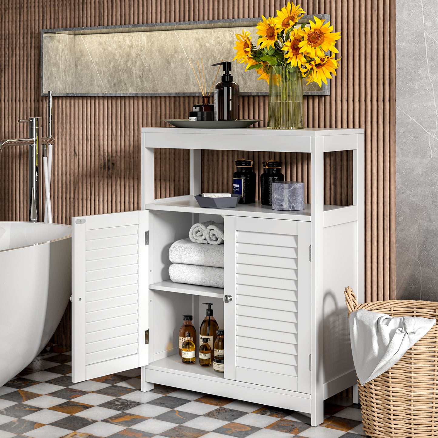 Freestanding Bathroom Floor Cabinet with Double Shutter Doors-White