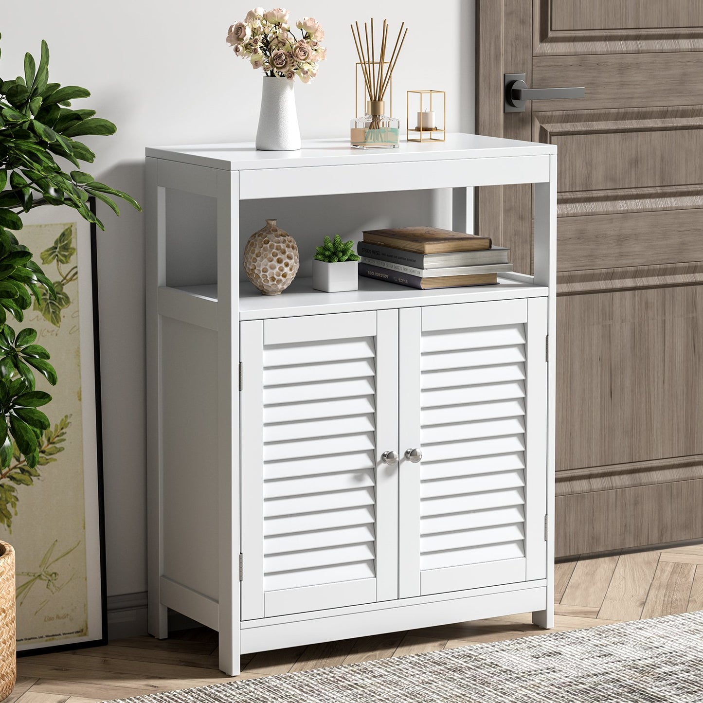 Freestanding Bathroom Floor Cabinet with Double Shutter Doors-Gray