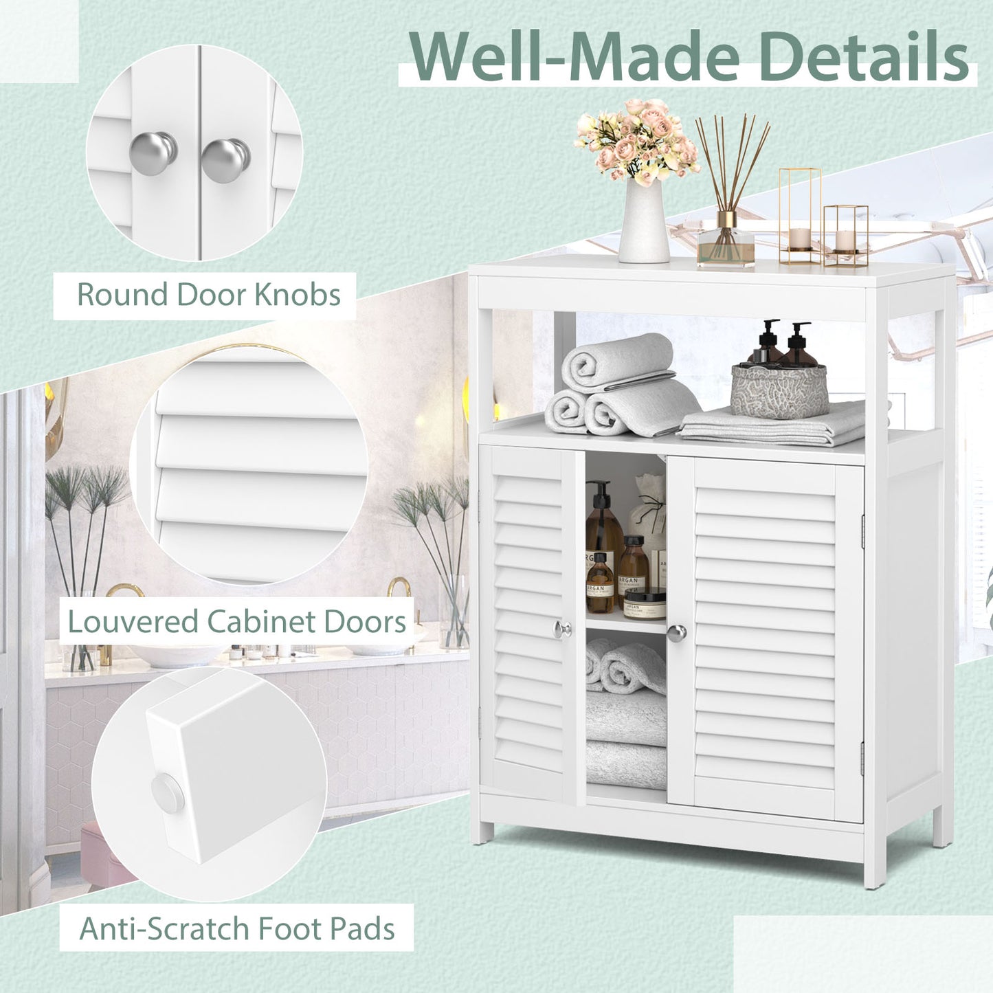 Freestanding Bathroom Floor Cabinet with Double Shutter Doors-White