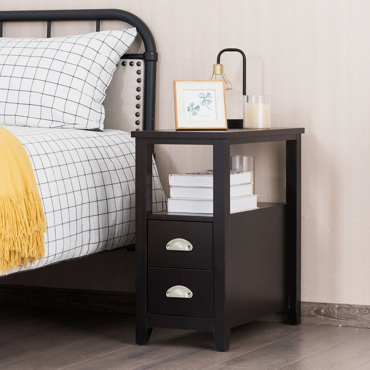 Set of 2 End Table Wooden with 2 Drawer & Shelf Bedside Table-Brown