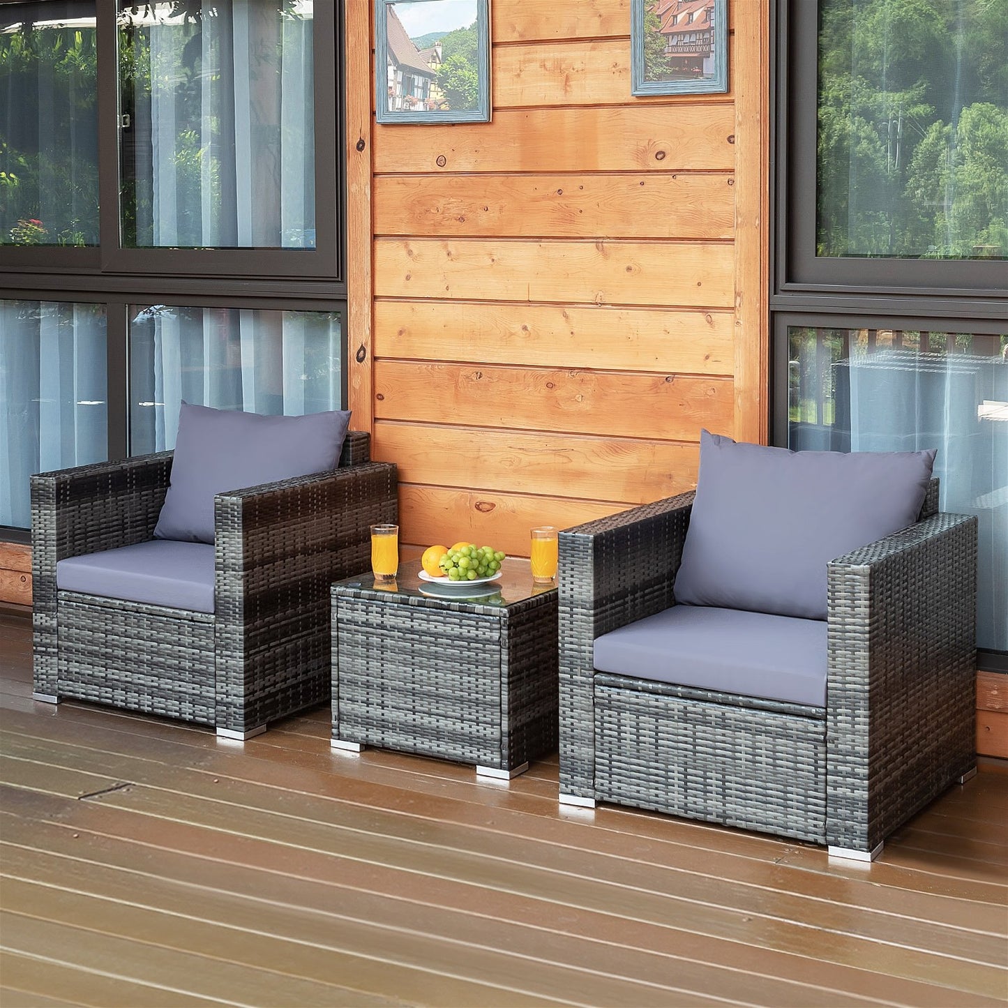 3 Pieces Patio Rattan Furniture Bistro Sofa Set with Cushioned-Gray
