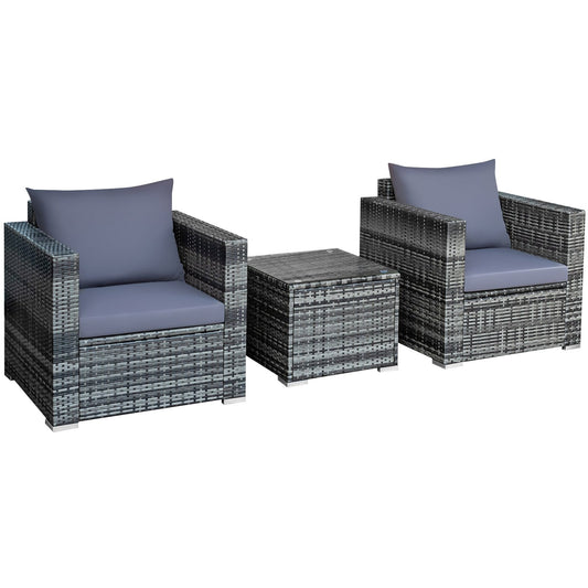 3 Pieces Patio Rattan Furniture Bistro Sofa Set with Cushioned-Gray