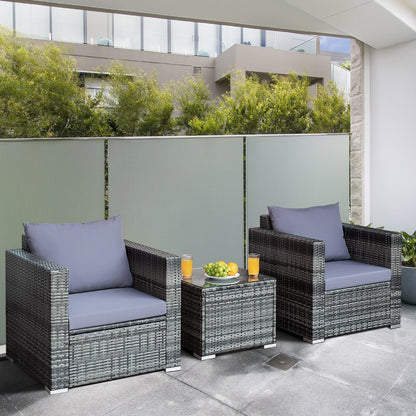 3 Pieces Patio Rattan Furniture Bistro Sofa Set with Cushioned-Gray