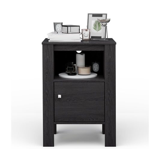 Compact Floor Farmhouse Nightstand with Open Shelf and Cabinet-Dark Gray