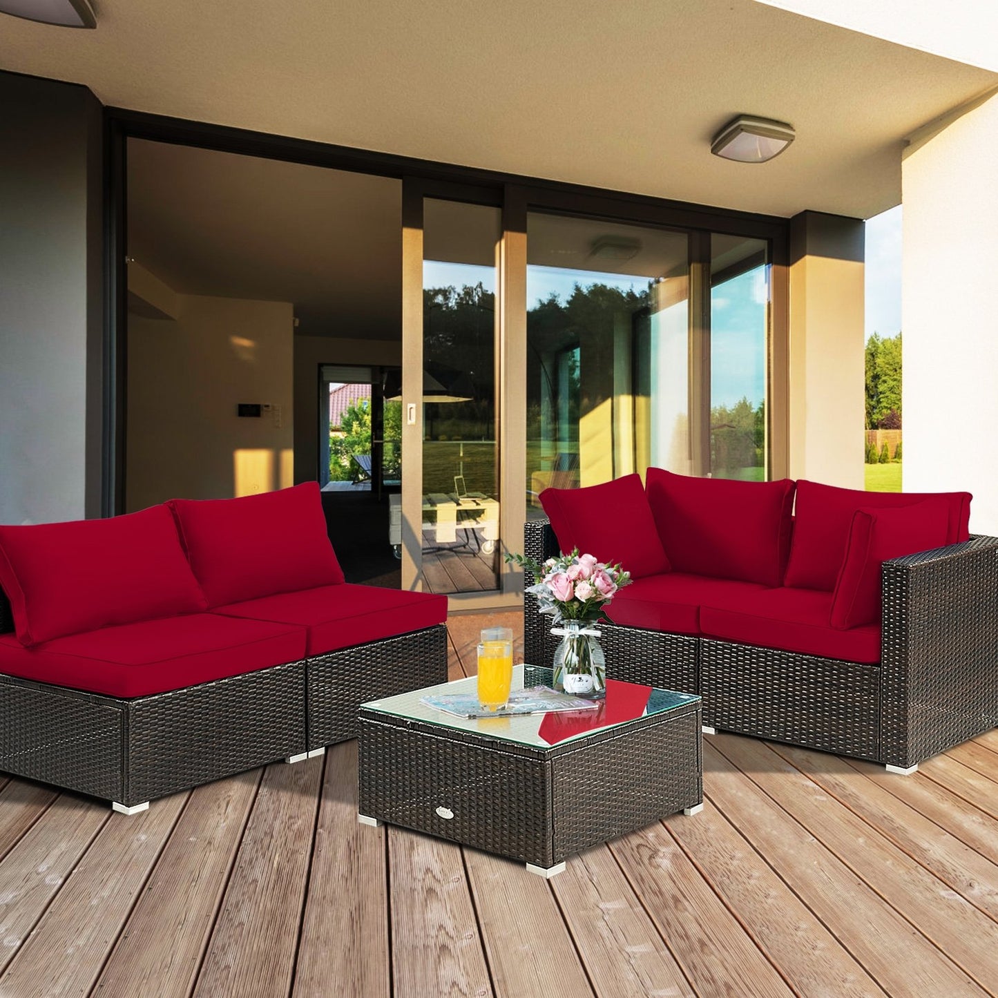 5 Pieces Cushioned Patio Rattan Furniture Set with Glass Table-Black
