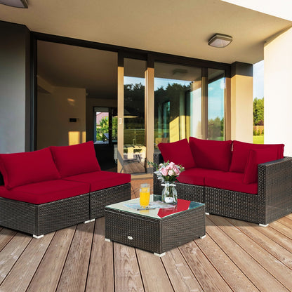 5 Pieces Cushioned Patio Rattan Furniture Set with Glass Table-Black