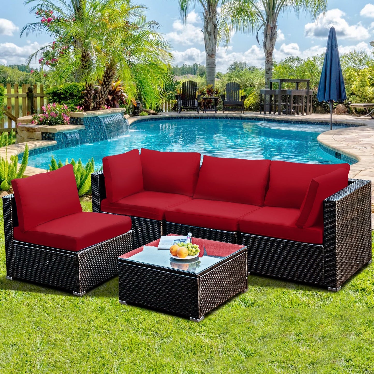 5 Pieces Cushioned Patio Rattan Furniture Set with Glass Table-Black