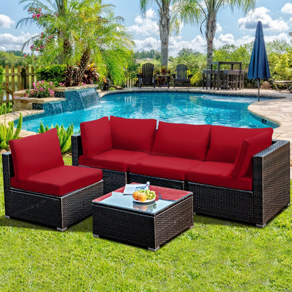 5 Pieces Cushioned Patio Rattan Furniture Set with Glass Table-Black