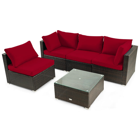 5 Pieces Cushioned Patio Rattan Furniture Set with Glass Table-Red