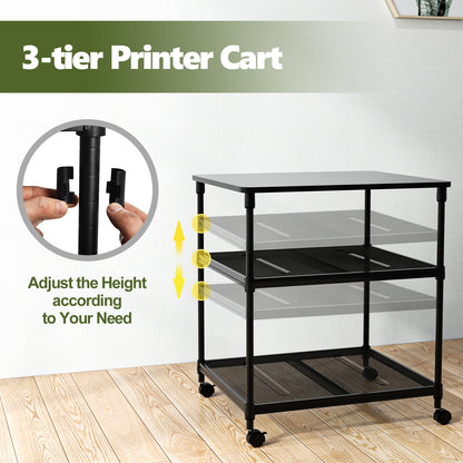 3 Tier Printer Stand Rolling Fax Cart with Adjustable Shelf and Swivel Wheels