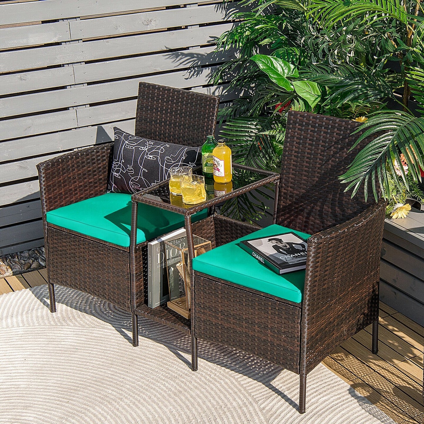Patio Rattan Wicker Conversation Set Sofa Cushioned Loveseat Glass Table-Navy