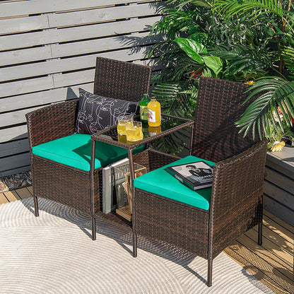 Patio Rattan Wicker Conversation Set Sofa Cushioned Loveseat Glass Table-Navy