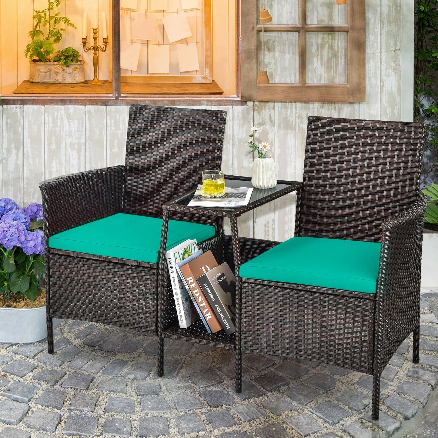 Patio Rattan Wicker Conversation Set Sofa Cushioned Loveseat Glass Table-Navy