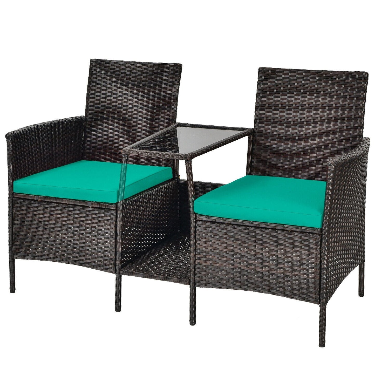 Patio Rattan Wicker Conversation Set Sofa Cushioned Loveseat Glass Table-Navy