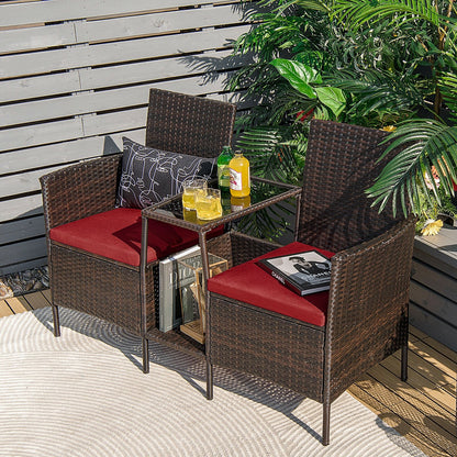 Patio Rattan Wicker Conversation Set Sofa Cushioned Loveseat Glass Table-Navy