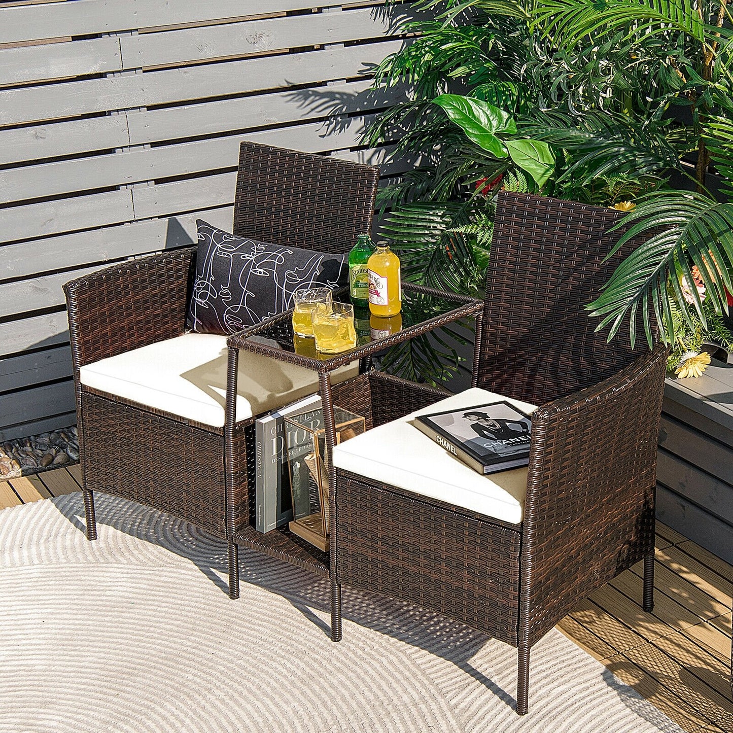 Patio Rattan Wicker Conversation Set Sofa Cushioned Loveseat Glass Table-Navy