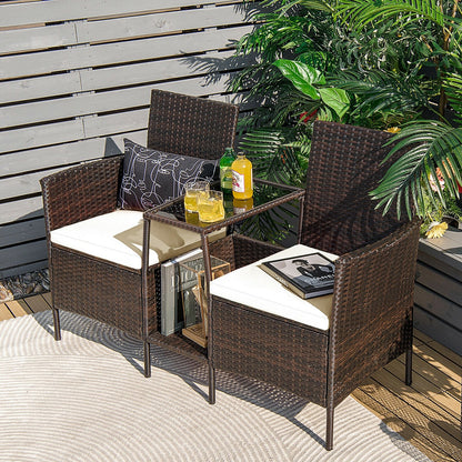Patio Rattan Wicker Conversation Set Sofa Cushioned Loveseat Glass Table-Navy