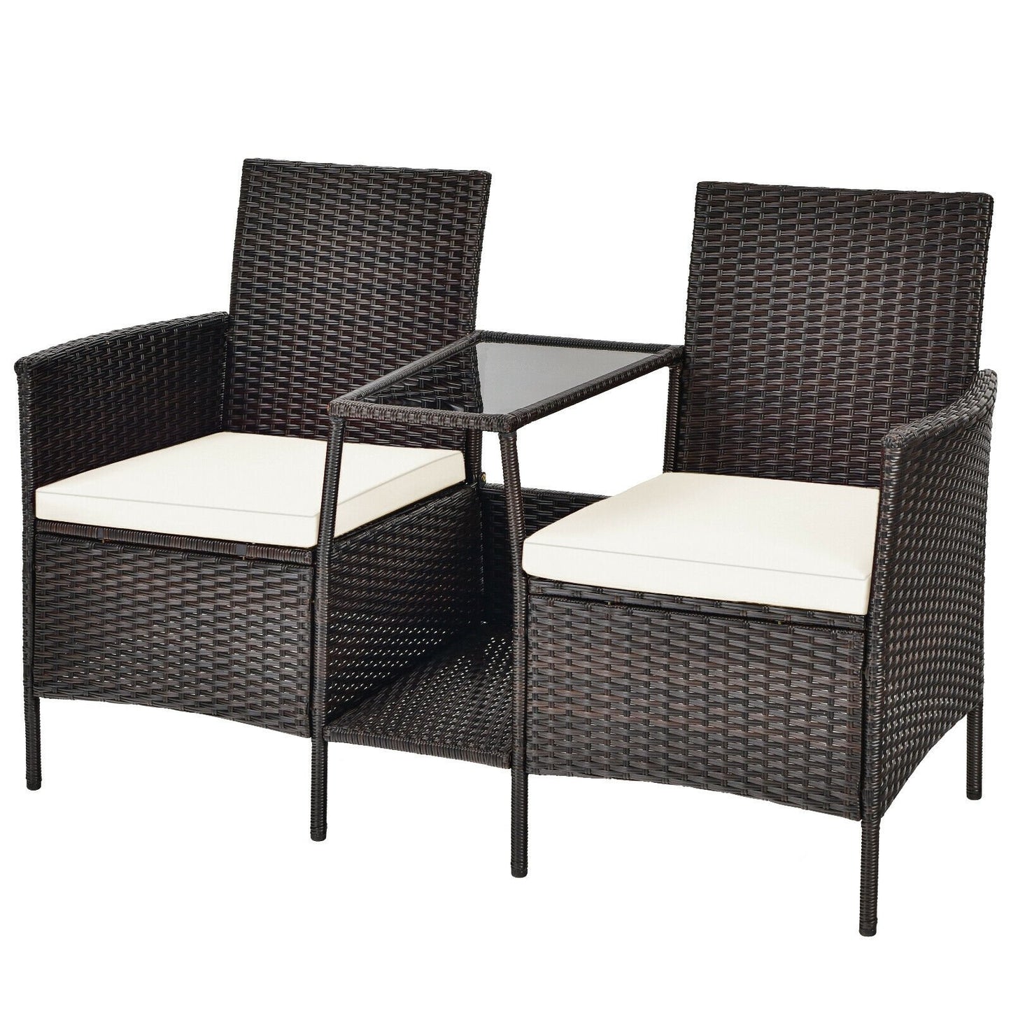 Patio Rattan Wicker Conversation Set Sofa Cushioned Loveseat Glass Table-Navy