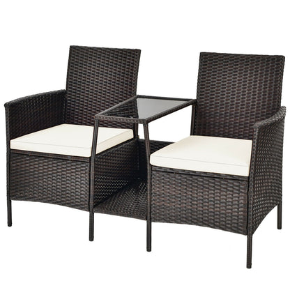 Patio Rattan Wicker Conversation Set Sofa Cushioned Loveseat Glass Table-Navy