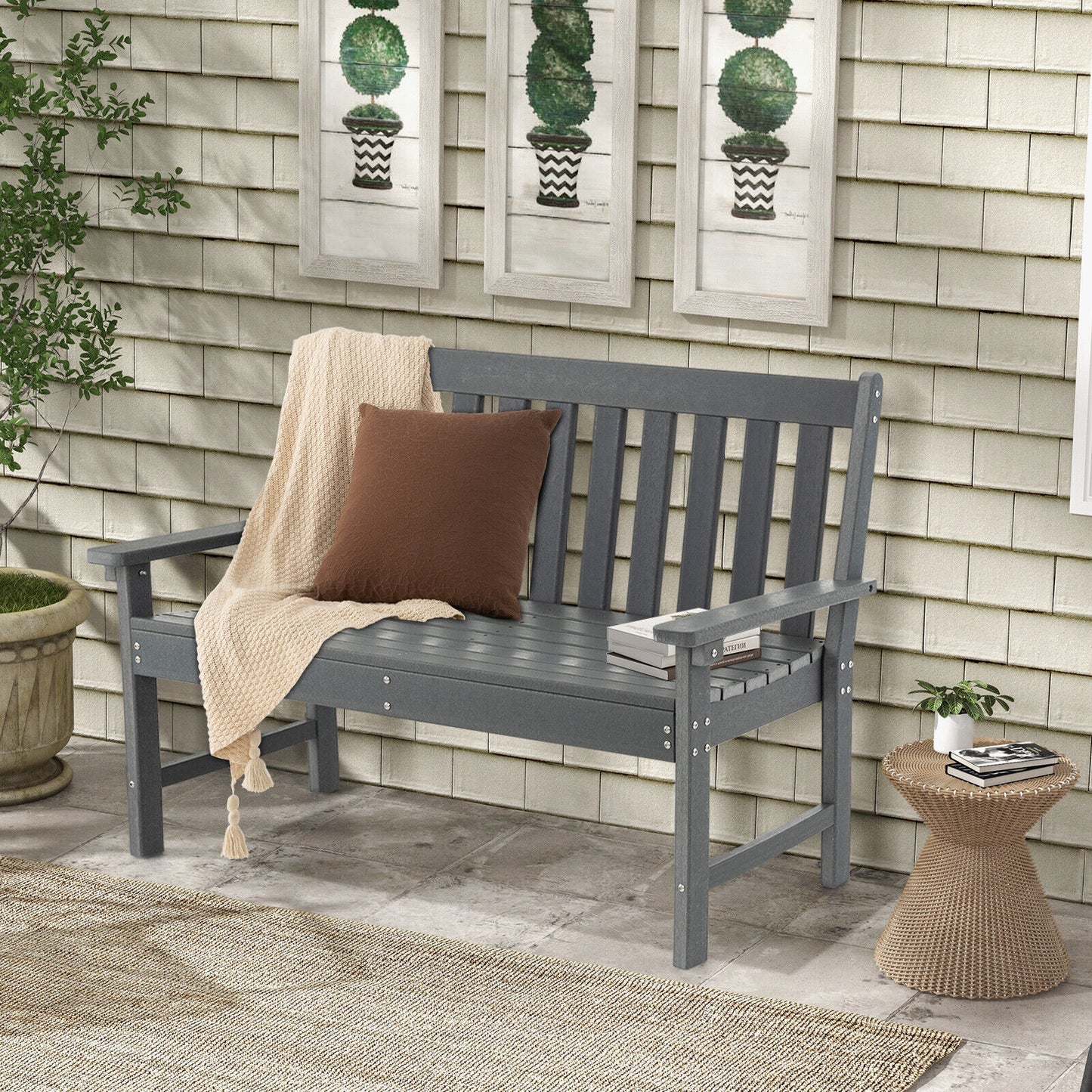 52 Inch All-Weather HDPE Outdoor Bench with Backrest and Armrests-Black