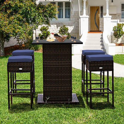 5 Pieces Patio Rattan Bar Furniture Set with Cushions and Hidden Storage Shelf-Black