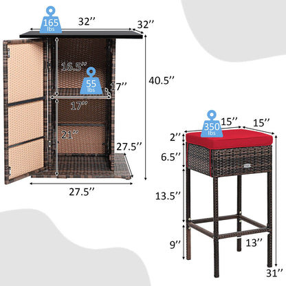 5 Pieces Patio Rattan Bar Table Stool Set Hidden Storage Shelf Cushioned-Red