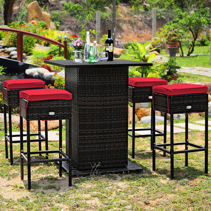 5 Pieces Patio Rattan Bar Table Stool Set Hidden Storage Shelf Cushioned-Red