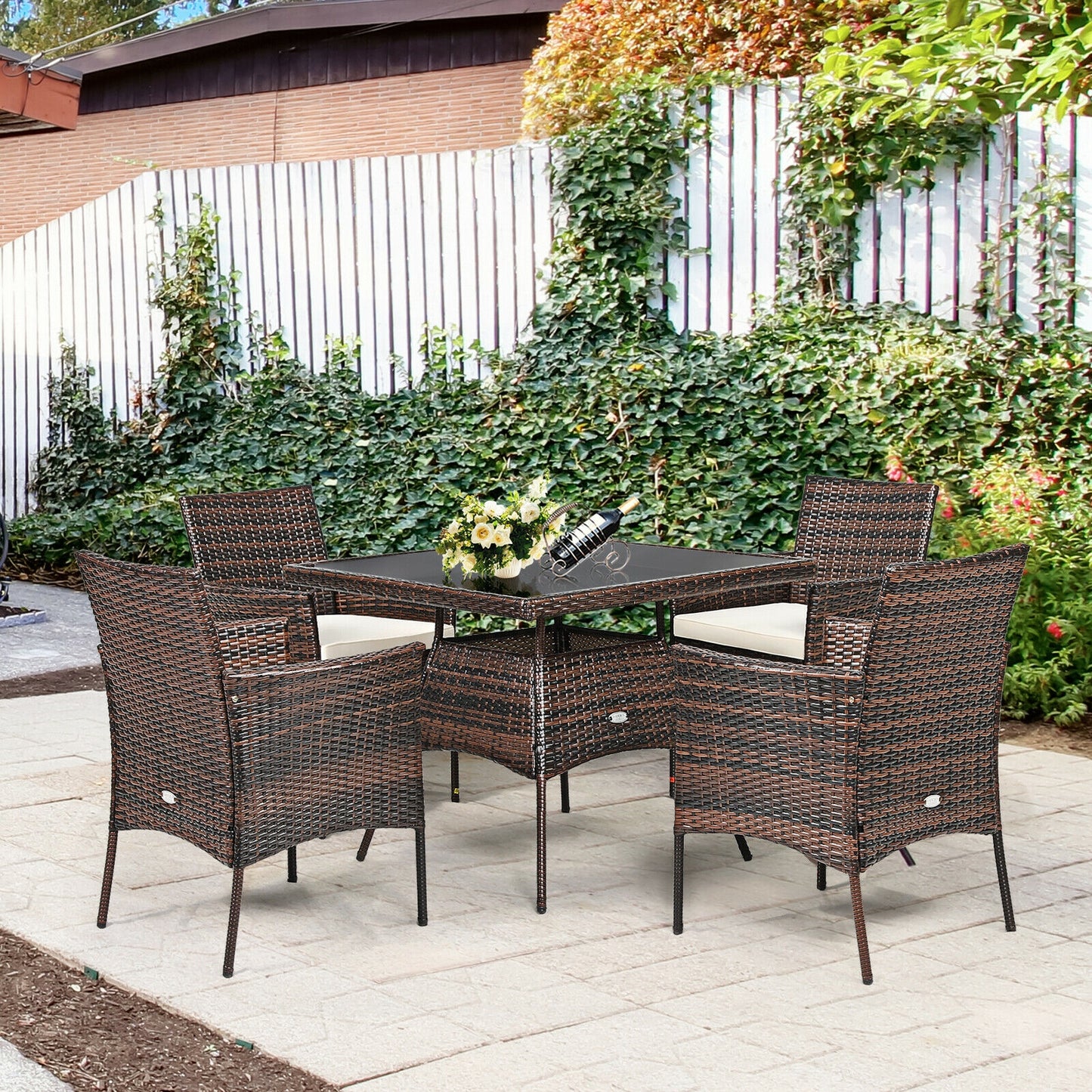 Outdoor 5 Pieces Dining Table Set with 1 Table and 4 Single Sofas