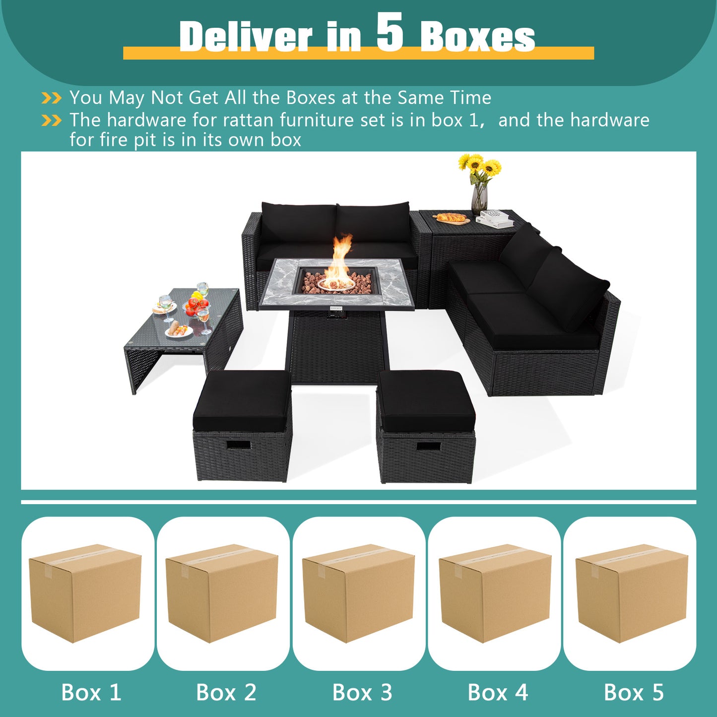 9 Pieces Outdoor Wicker Sectional with 35 Inch Gas Fire Pit Table-Black