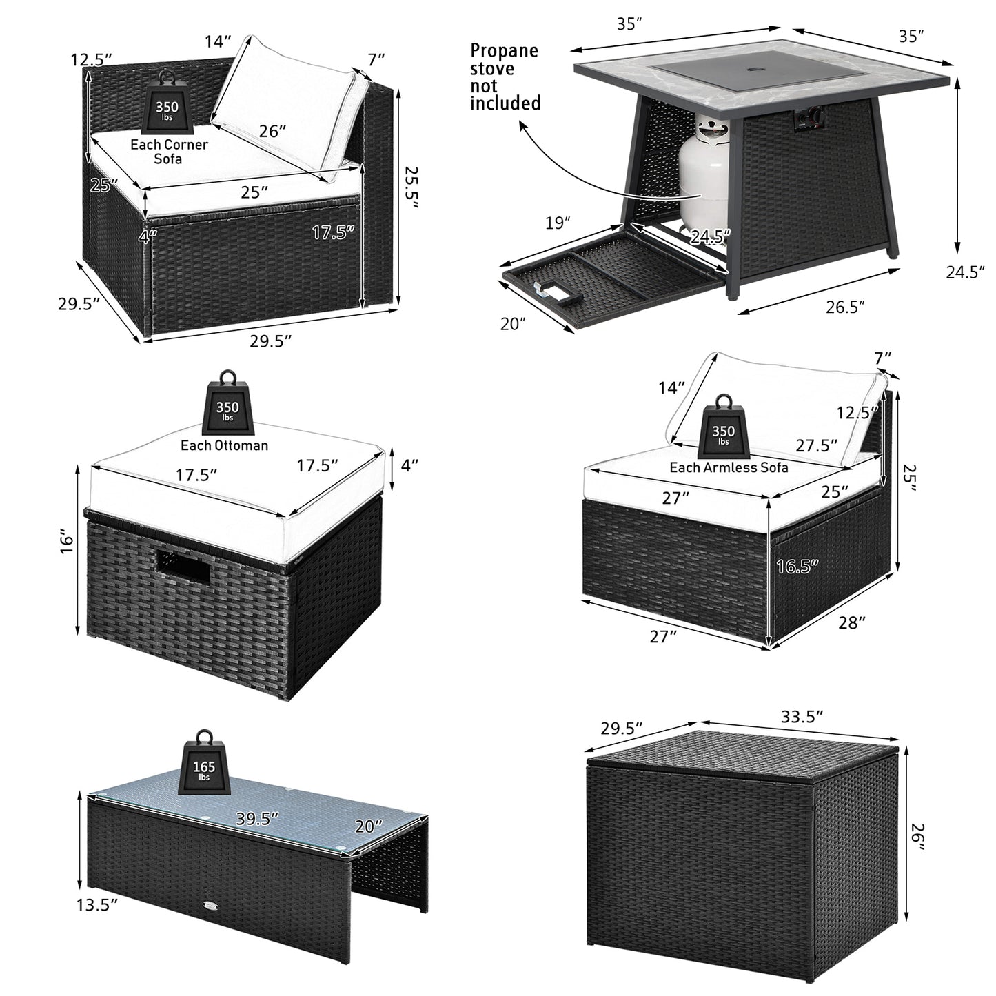 9 Pieces Outdoor Wicker Sectional with 35 Inch Gas Fire Pit Table-Black