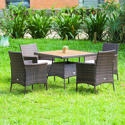 5 Pieces Patio Rattan Dining Furniture Set with Arm Chair and Wooden Table Top