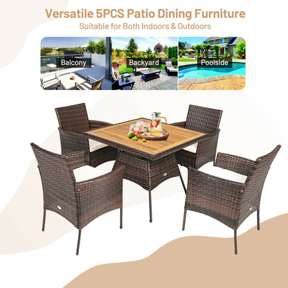 5 Pieces Patio Rattan Dining Furniture Set with Arm Chair and Wooden Table Top