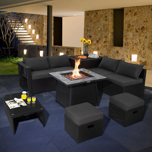 9 Pieces Outdoor Wicker Sectional with 35 Inch Gas Fire Pit Table-Gray