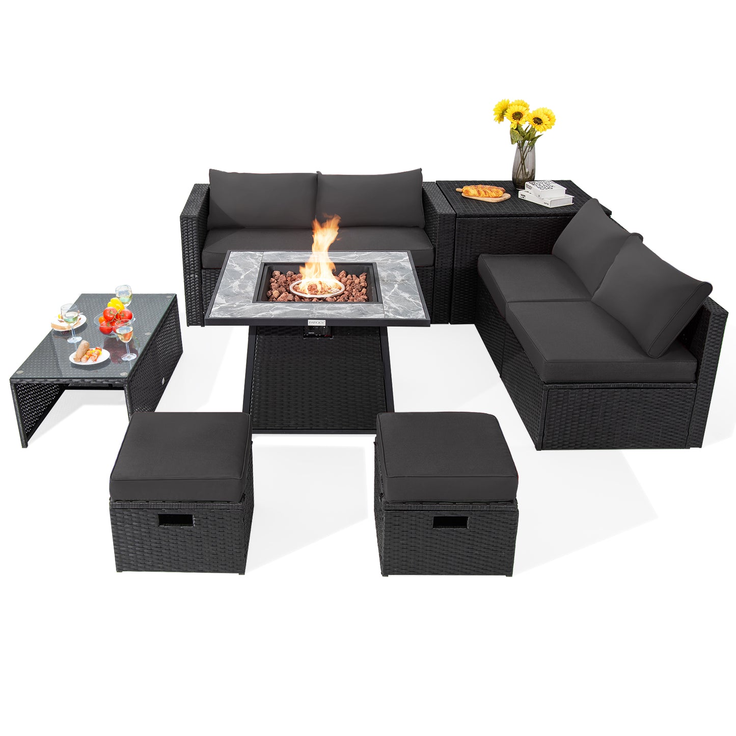 9 Pieces Outdoor Wicker Sectional with 35 Inch Gas Fire Pit Table-Gray