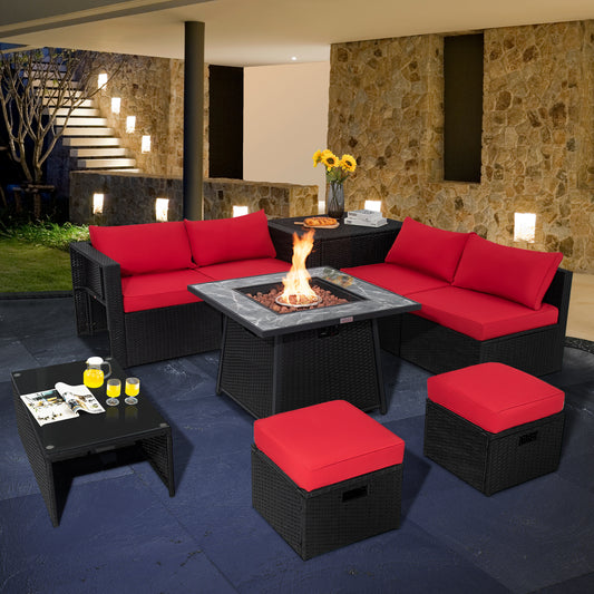 9 Pieces Outdoor Wicker Sectional with 35 Inch Gas Fire Pit Table-Red