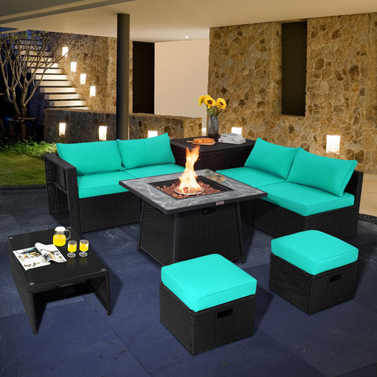 9 Pieces Outdoor Wicker Sectional with 35 Inch Gas Fire Pit Table-Turquoise