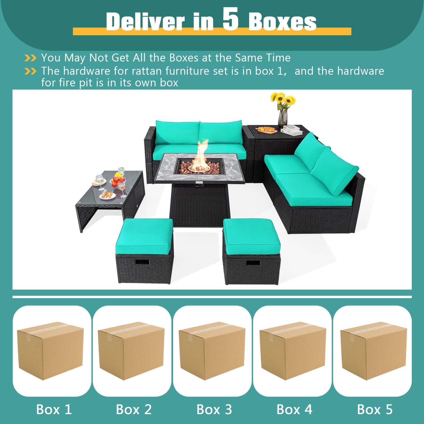 9 Pieces Outdoor Wicker Sectional with 35 Inch Gas Fire Pit Table-Turquoise
