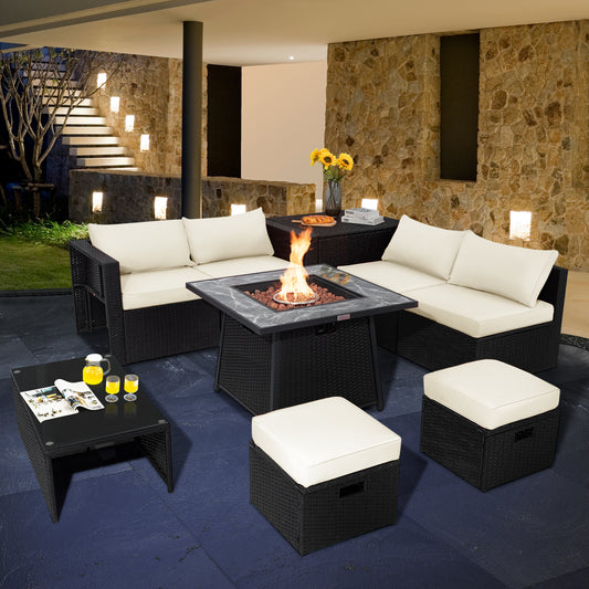 9 Pieces Outdoor Wicker Sectional with 35 Inch Gas Fire Pit Table-Off White