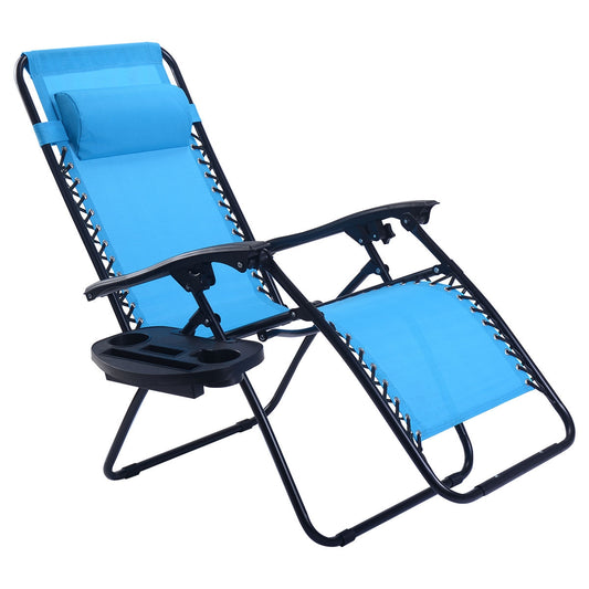 Outdoor Folding Zero Gravity Reclining Lounge Chair with Utility Tray-Light Blue