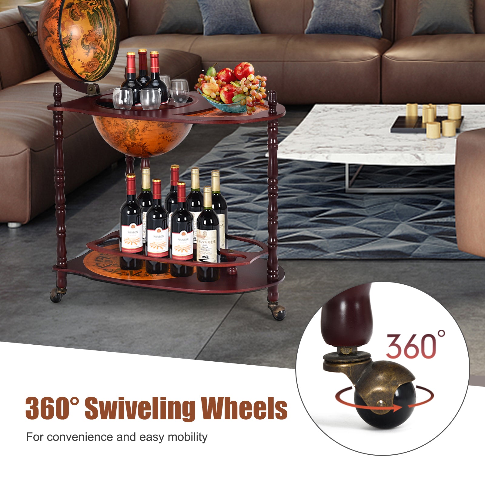 Vintage Globe Rolling Wine Bar Cart with Extra Shelf - Direct by Wilsons Home Store