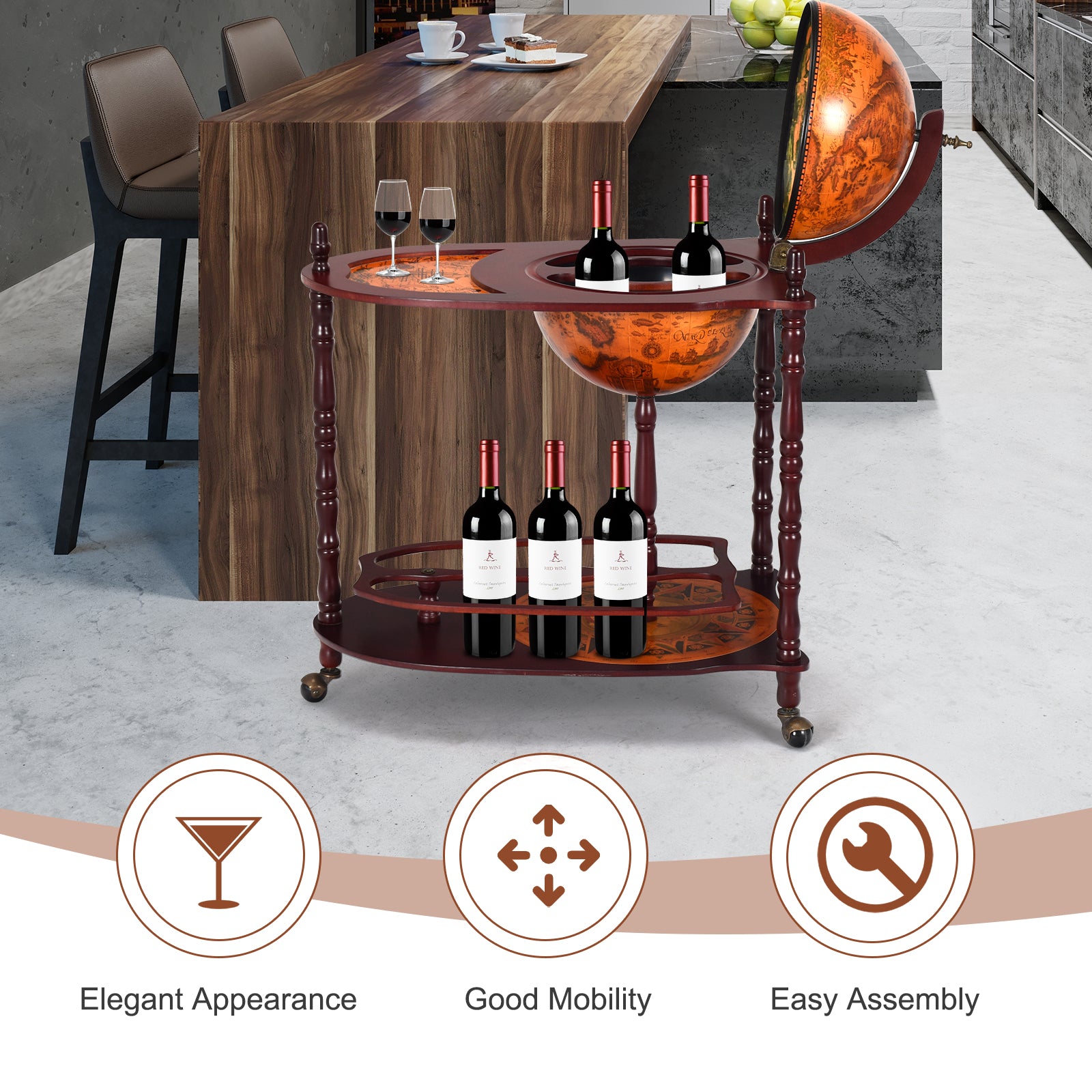 Vintage Globe Rolling Wine Bar Cart with Extra Shelf - Direct by Wilsons Home Store