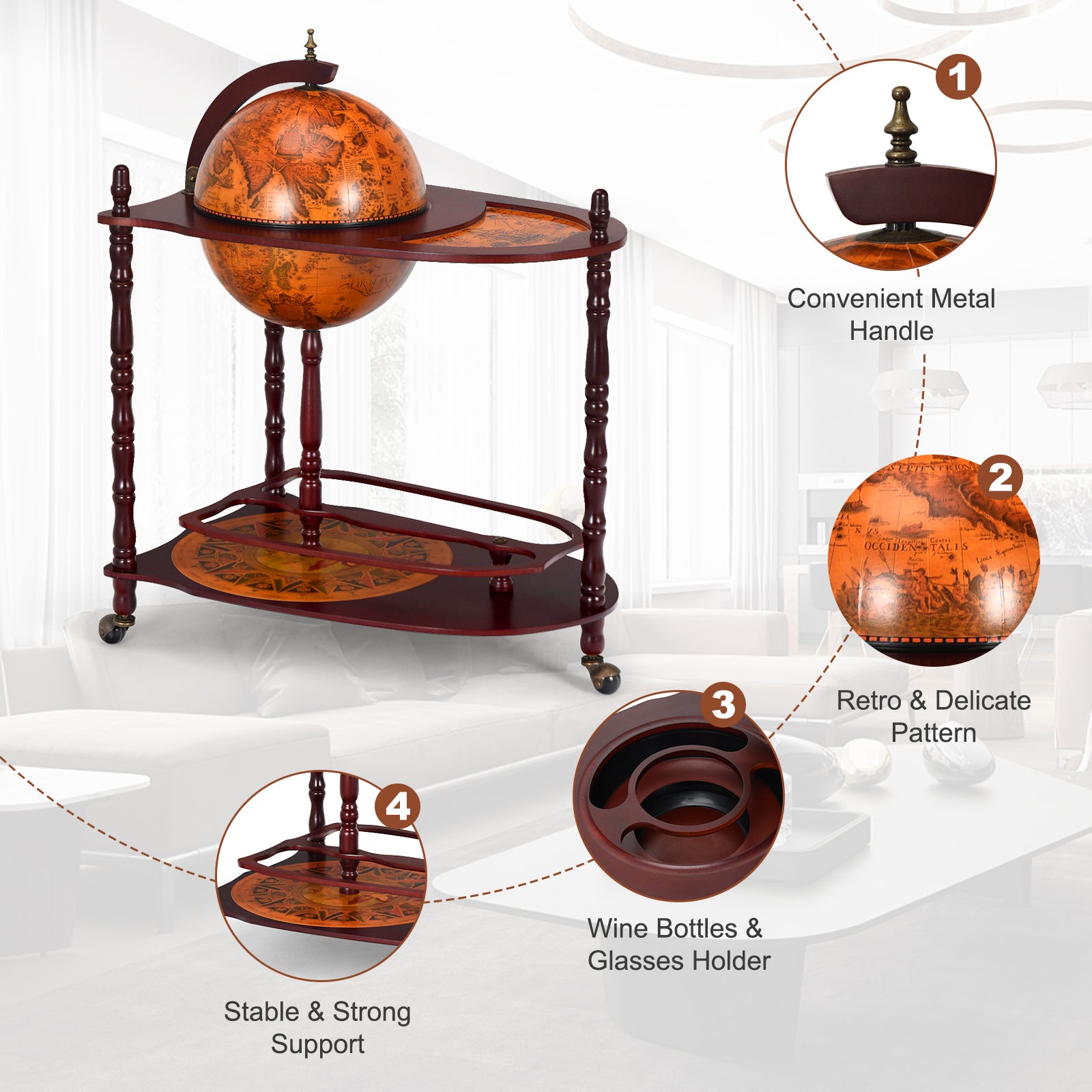 Vintage Globe Rolling Wine Bar Cart with Extra Shelf - Direct by Wilsons Home Store