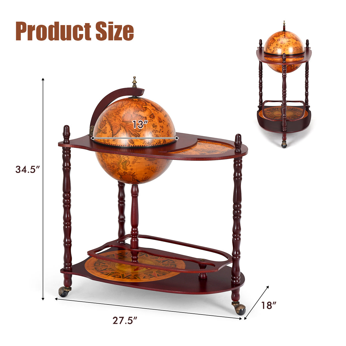 Vintage Globe Rolling Wine Bar Cart with Extra Shelf - Direct by Wilsons Home Store